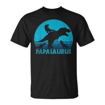 Papasaurus 3 Kids Vintage Retro Sunset For Dad T-Shirt - Seseable
