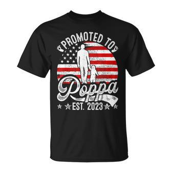 Patriotic Promoted To Poppa Est 2023 American Flag Gift For Mens Unisex T-Shirt | Mazezy