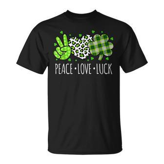 Peace Love Luck Lucky Heart Shamrock Leopard St Patricks Day T-Shirt - Seseable