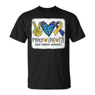 Peace Love T21 Cure Blue Yellow Down Syndrome Awareness Unisex T-Shirt | Mazezy