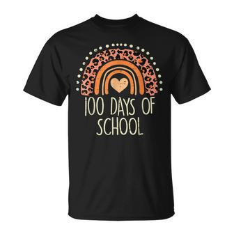 Peach Leopard Rainbow 100 Days School Cute 100Th Day Teacher T-shirt - Seseable