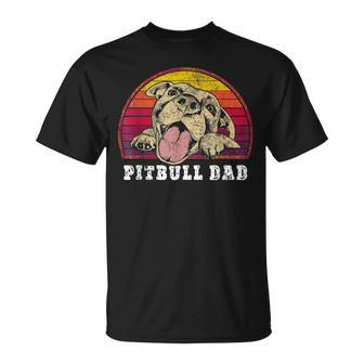 Mens Pitbull Dad Smiling Pittie On Vintage Sunset Pitbull Dad T-Shirt - Seseable