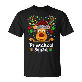 Preschool Squad Teacher Plaid Reindeer Hat Santa Christmas T-shirt - Seseable