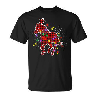 Red Buffalo Plaid Horse Christmas Pajamas Xmas Tree Lights T-shirt - Seseable