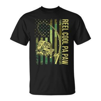 Mens Reel Cool Pa Paw American Flag Fisherman Reel Vintage Camo T-Shirt - Seseable