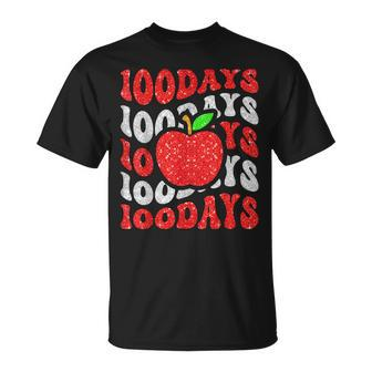 Retro Groovy 100 Days Of School Sparkle Apple Teacher T-shirt - Seseable