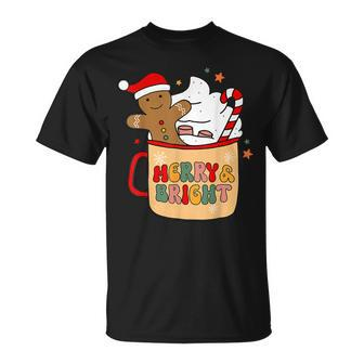 Retro Groovy Merry & Bright Gingerbread Christmas Cute Santa T-shirt - Seseable