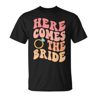 Retro Here Comes The Bride Bachelorette Party Trendy Wedding Unisex T-Shirt | Mazezy