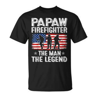 Retro Us Flag Fathers Day Papaw Firefighter The Legend Gift For Mens Unisex T-Shirt - Seseable