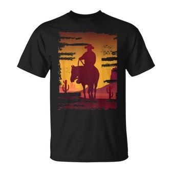 Saddle Western Cowboy Retro Vintage Western Sunset T-Shirt - Seseable