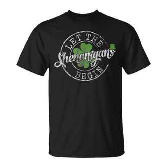 Shamrock Clover Let The Shenanigans Begin St Patricks Day T-Shirt - Seseable