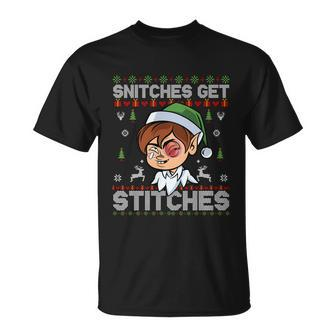 Snitches Get Stitches Elf Xmas Funny Vintage Retro Santa Hat V2 Unisex T-Shirt - Monsterry CA