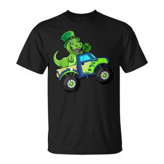 St Patricks Day Cute Dinosaur Monster Truck Kids Boys T-Shirt - Seseable