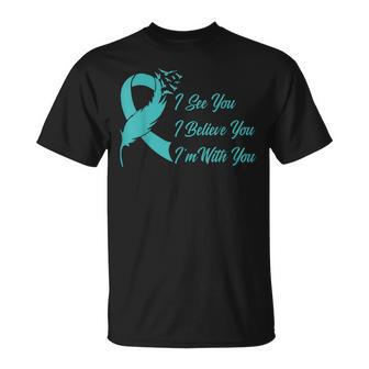Teal Sexual Assault Awareness Green Feather Ribbon Unisex T-Shirt | Mazezy