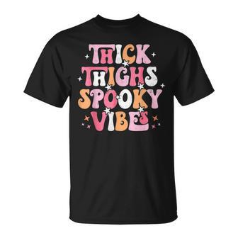 Thick Thighs Spooky Vibes Halloween Ghost Groovy Retro V3 T-shirt - Thegiftio