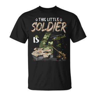 This Little Soldier Is 4 Military Birthday 4Th Camo Bday Unisex T-Shirt | Mazezy