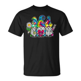Three Hippie Gnomes Groovy Retro Tie Dye Peace Love Gnomies Unisex T-Shirt | Mazezy