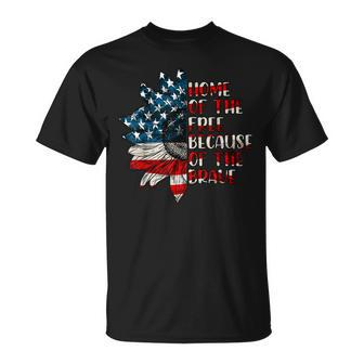 Us Flag Sunflower Home Of The Free Because Of The Brave Unisex T-Shirt | Mazezy