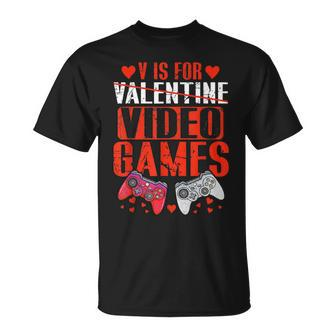 V Is For Video Games Gamer Kids Boys Valentines Day T-Shirt - Seseable
