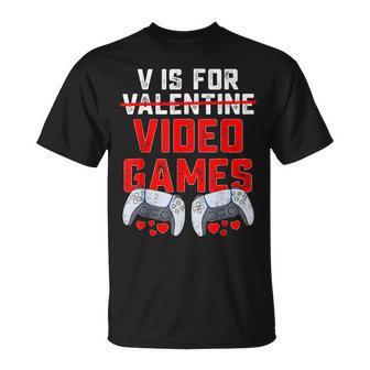 V Is For Video Games Gamer Kids Boys Valentines Day T-Shirt - Seseable