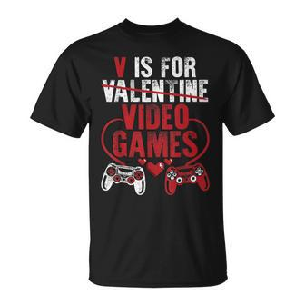 V Is For Video Games Valentines Day Gamer Boy Men T-Shirt - Seseable