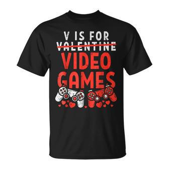 V Is For Video Games Valentines Day Gamer Boy Men T-Shirt - Seseable