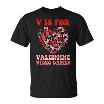 V Is For Video Games Valentines Day Heart Gamer Boy Men T-Shirt - Seseable