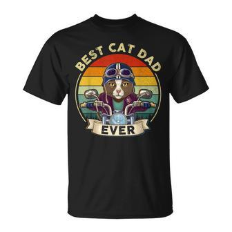 Vintage Best Cat Dad Ever Cat Riding Motorcycle Fathers Day Unisex T-Shirt - Seseable