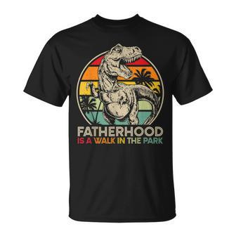 Mens Vintage Fatherhood Is A Walk In The Park Dad T Rex Dinosaur T-Shirt - Seseable