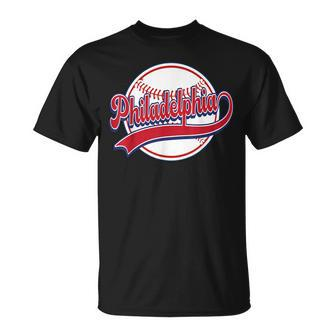 Vintage Philadelphia Cityscape Baseball Lover Player Fans T-Shirt - Seseable