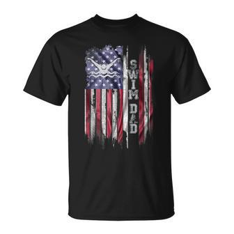 Vintage Usa Flag Proud Swimming Dad Swim Swimmer Silhouette T-Shirt - Seseable