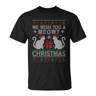 We Wish You A Meowy Catmas Santa Hat Ugly Christmas Sweater Gift Unisex T-Shirt - Monsterry AU