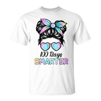 100 Days Smarter 100Th Day Of School Girls Messy Bun Tie Dye T-shirt - Thegiftio UK