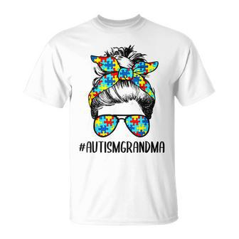 Autism Grandma Life Messy Bun Glasses Bandana Mother’S Day Unisex T-Shirt | Mazezy