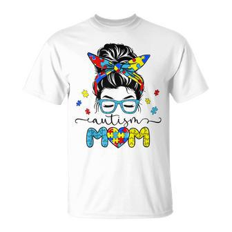Autism Mom Messy Bun Sunglasses Bandana Autism Awareness Unisex T-Shirt | Mazezy AU