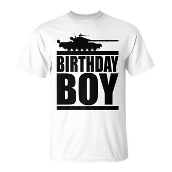 Birthday Boy Army Party Supplies Tank Military Kids T-Shirt - Seseable