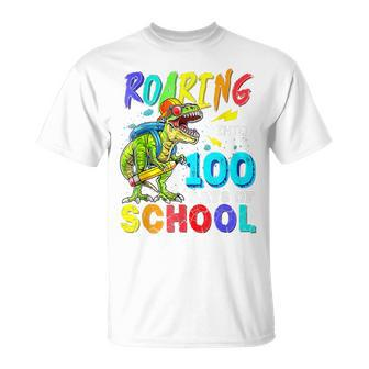 Dinosaur T Rex Roaring Into 100 Days Of School Teacher T-shirt - Seseable