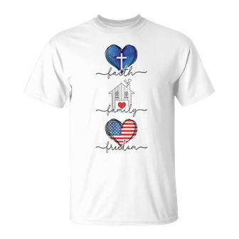 Faith Family Freedom Hearts - 4Th Of July Patriotic Flag Unisex T-Shirt | Mazezy