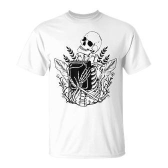 Halloween Librarian Skeleton With Book For Book Lover Unisex T-Shirt | Mazezy