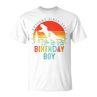 Kids 2Nd Birthday Dinosaur 2 Year Old Boy Awesome Since 2021 T-Shirt - Seseable