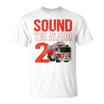 Kids Kids 2Nd Birthday Firetruck 2 Year Old Fire Fighter Birthday T-Shirt - Seseable