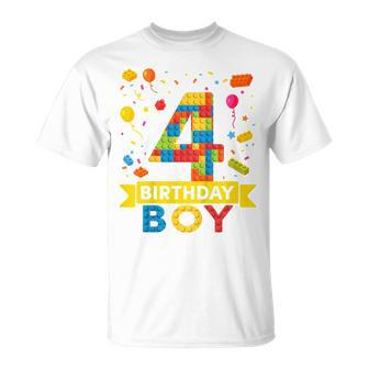 Kids 4 Year Old Building Blocks 4Th Birthday Boy Unisex T-Shirt | Mazezy