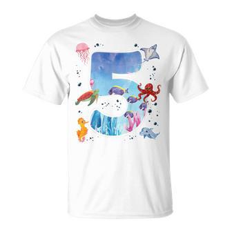 Kids 5Th Birthday Party Ocean 5 Year Old Sea Fish Aquarium Boy Unisex T-Shirt | Mazezy