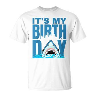Kids Blue Shark Birthday Shark Bite Its My Birthday Girls Boys Unisex T-Shirt | Mazezy