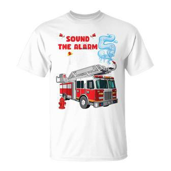 Kids Sound The Alarm Im 5 Kids Fire Truck Firefighter Birthday T-Shirt - Seseable