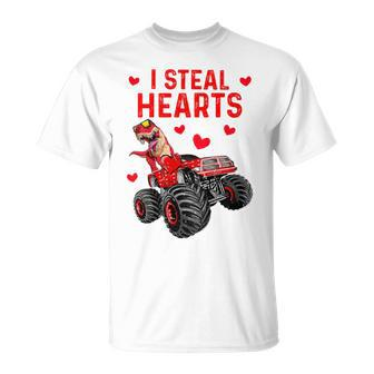 Kids Steal Hearts T Rex Monster Truck Toddler Boys Valentines Day T-Shirt - Seseable