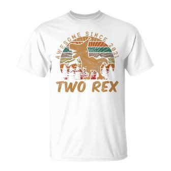 Kids Two Rex 2Nd Birthday Gifts Second Dinosaur 2 Year Old Unisex T-Shirt | Mazezy