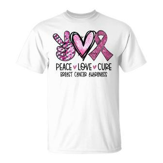 Peace Love Cure Pink Ribbon Cancer Breast Awareness T-Shirt - Seseable