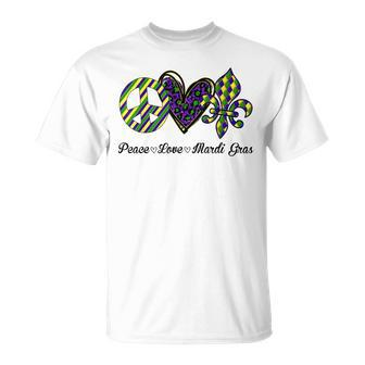 Peace Love Mardi Gras Fleur De Lys Fat Tuesday Parade V2 T-Shirt - Seseable