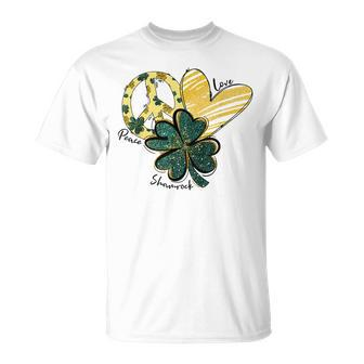 Peace Love Shamrock Leopard Irish Shamrocks St Patricks Day T-Shirt - Seseable